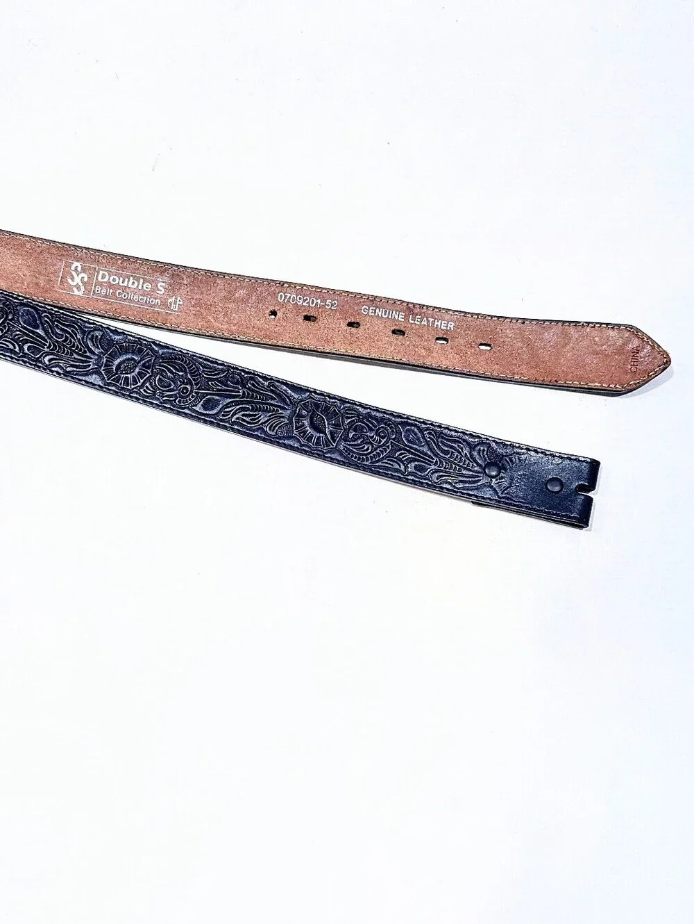 Double S Belt Collection Genuine Leather Black Tooled Western Belt Strap Size 52